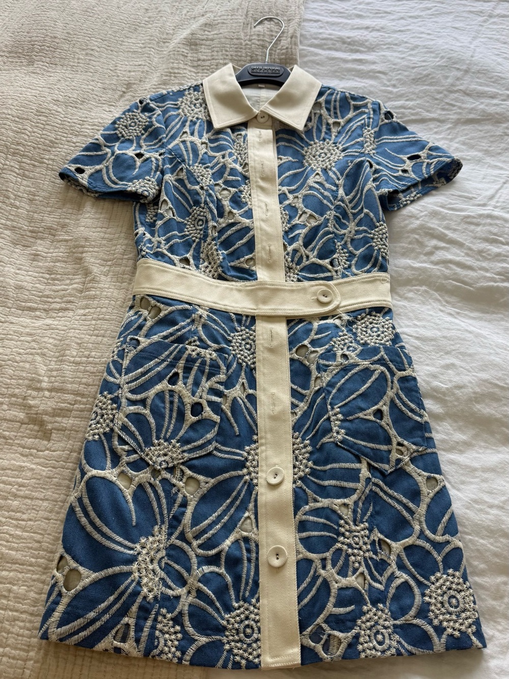 Ramy Brook Blue Floral Lace Mini Dress with Cream Trim